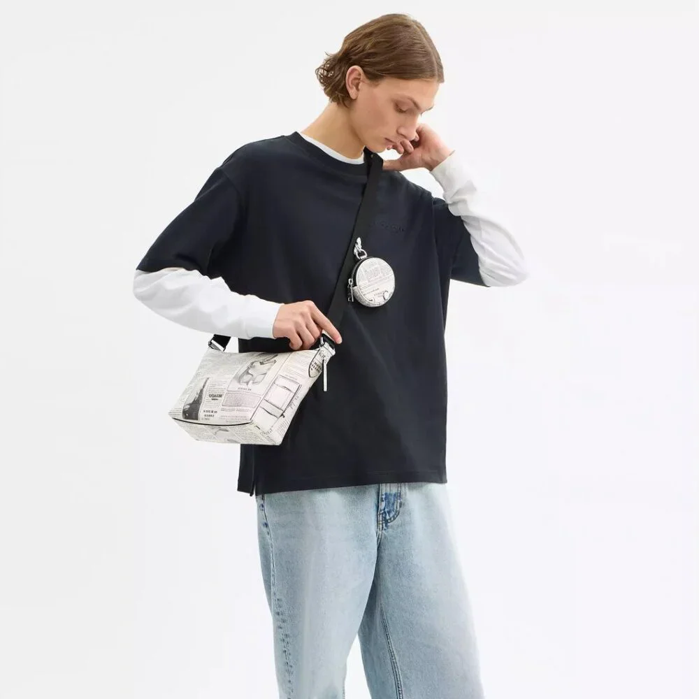 Coach Newspaper Print Shoulder Bag in Cream and Black - Picture 4 of 14